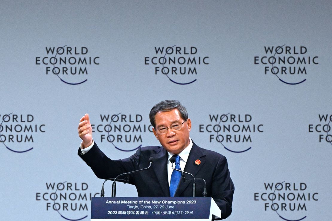 China's Premier Li Qiang delivers a speech during the opening ceremony of the World Economic Forum Annual Meeting of the New Champions in Tianjin on June 27, 2023.