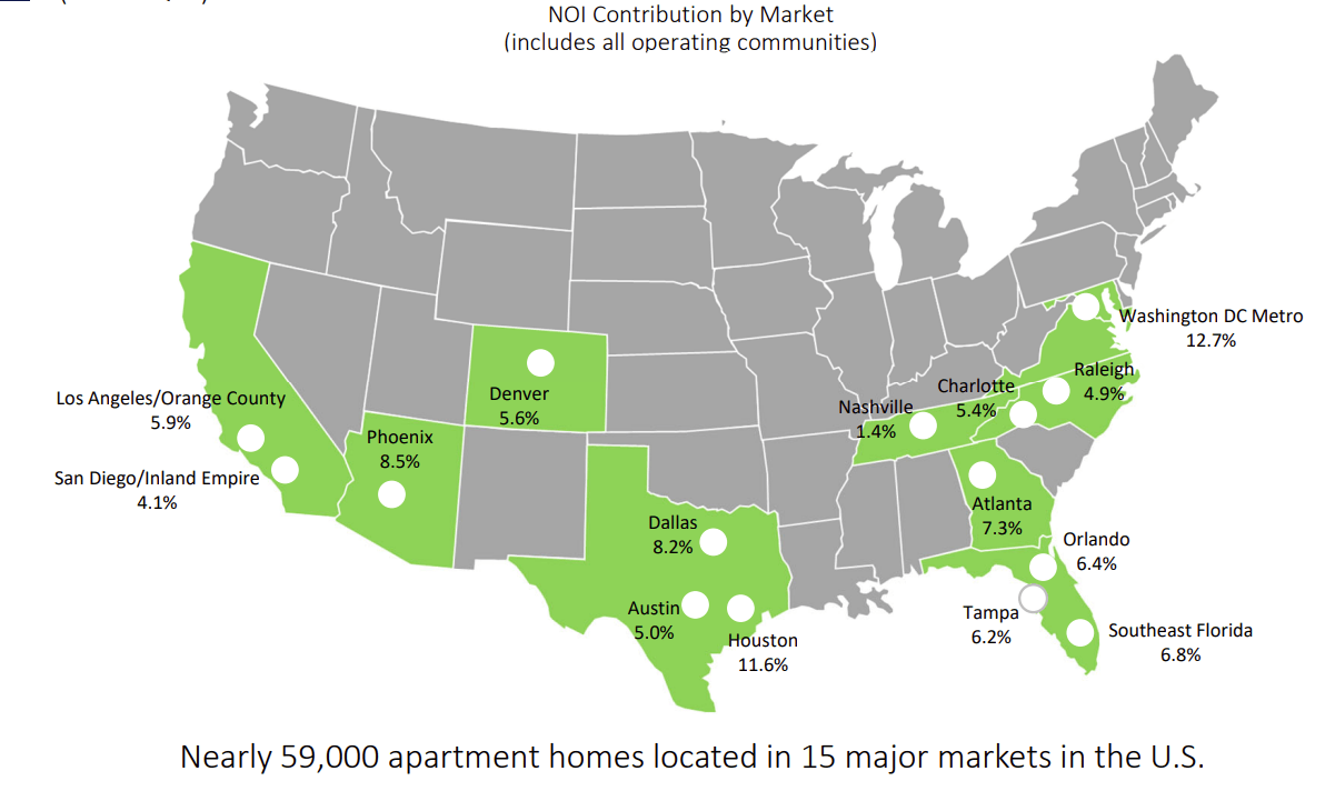 camden properties trust portfolio of properties shown on a US map