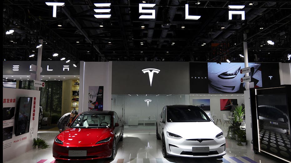 A red Tesla Model 3 and white Tesla Model X on display