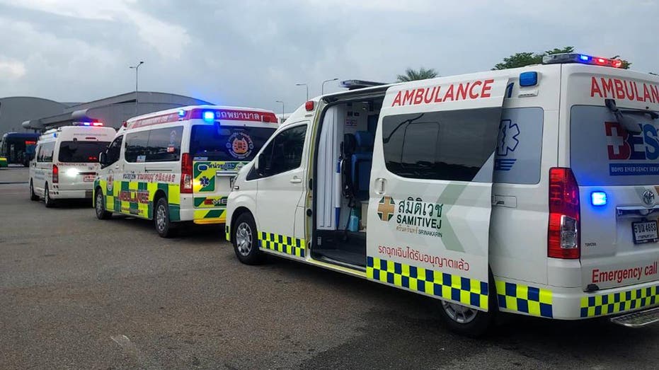 Ambulance vans lined up on the tarmac