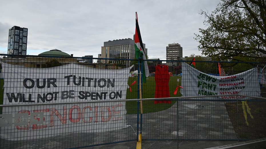 Protesters in camps with Palestinian flags