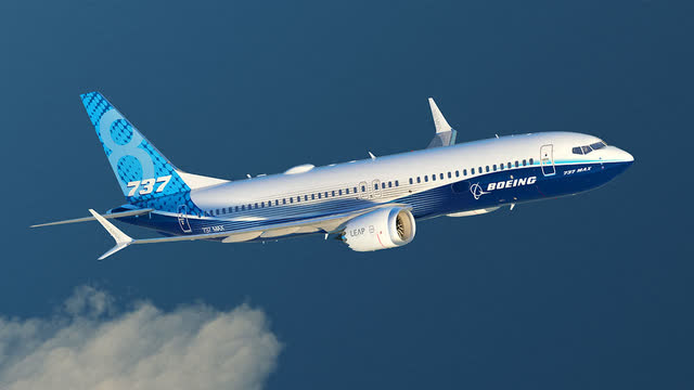 This image shows a Boeing 737 MAX 8 airplane flying.