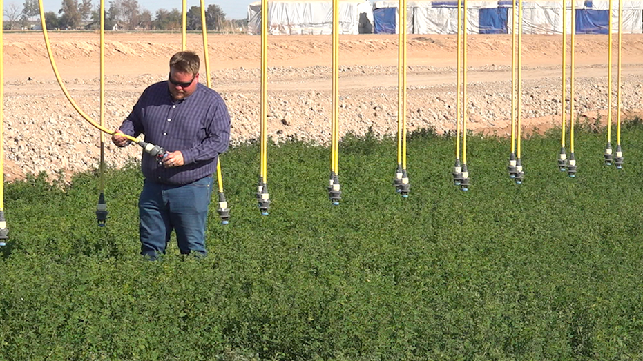 A farmer checking the sprinklers on his irrigation system.