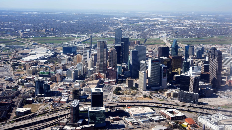 DALLAS, TEXAS - FEBRUARY 22: An aerial view of the downtown Dallas skyline on February 22, 2024 in Dallas, Texas. (Photo by Kirby Lee/Getty Images)